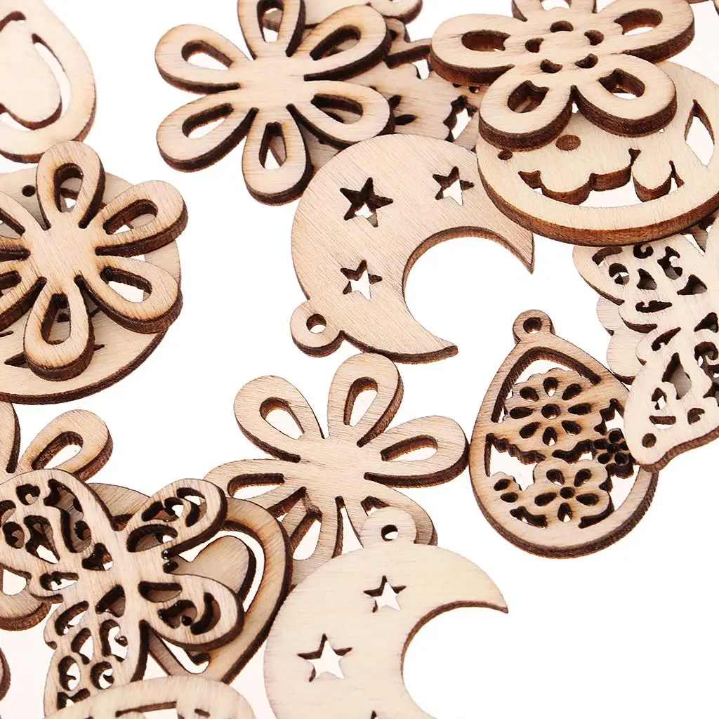 50 Pieces of Mixed Natural Wood Hollow Forms Produce Wooden Decorations