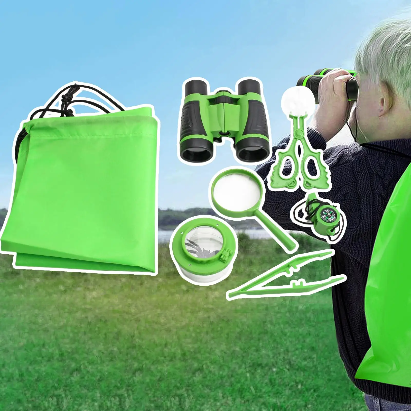 7Pcs Nature Exploration Kits Whistle Backpack for Kids Camping Gear Backyard Outdoor Games Plants Animal Learning Kids Children