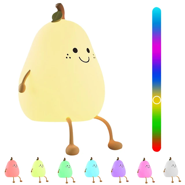 Aolyty Kids Night Light, Cute Silicone Pear Table Lamp Warm Light&7 Colors  Modes Clap Light with Timer Dimmable Bedside Lamp USB Charge Gifts for