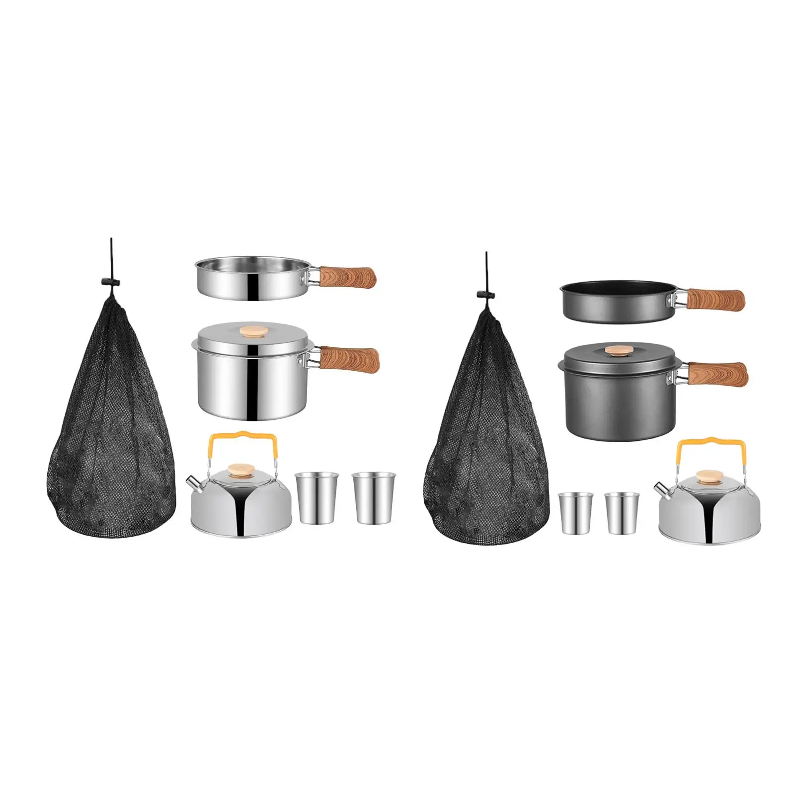 5 Pieces Camping Cookware Set Outdoor Cook Gear Kitchenware Folding Handle Camping Pot Pan and Kettle for Home Mountaineering