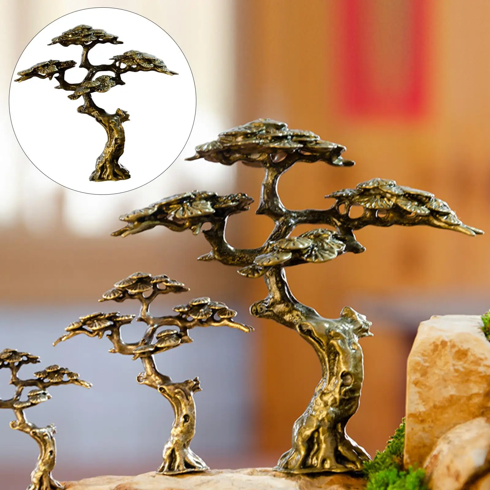 Mini Pine Miniature Figurine Copper Small Faux Tree Decor Antique Tree Statue for Tabletop Flowerpot Bonsai Lawn Home Decoration