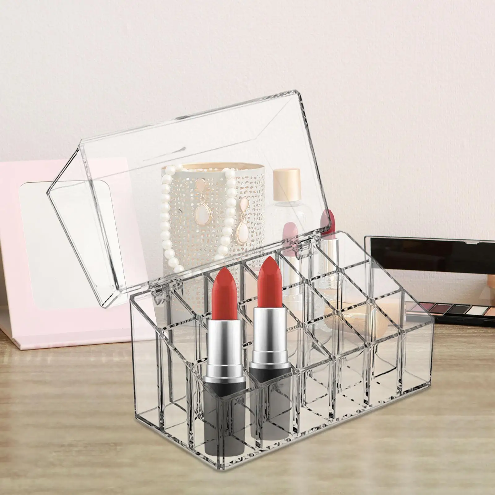 Lipstick Holder Case 18 Grids Display Case Transparent for Lip Glosses Storage Box Make up Organizer Lipstick Organizer with Lid