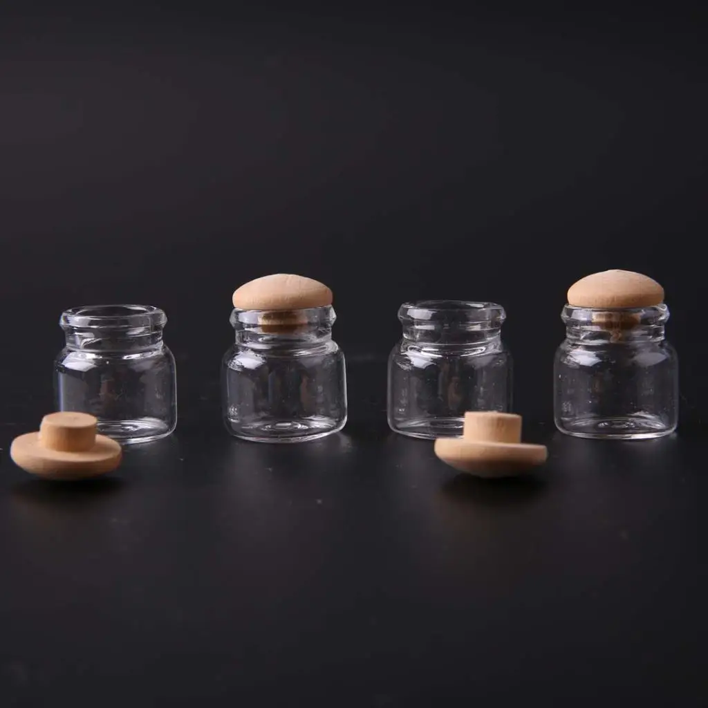 4pcs Mini Clear Glass Food Pot Jar W/ Wood Lid 1/12 Dollhouse Kitchen Decor