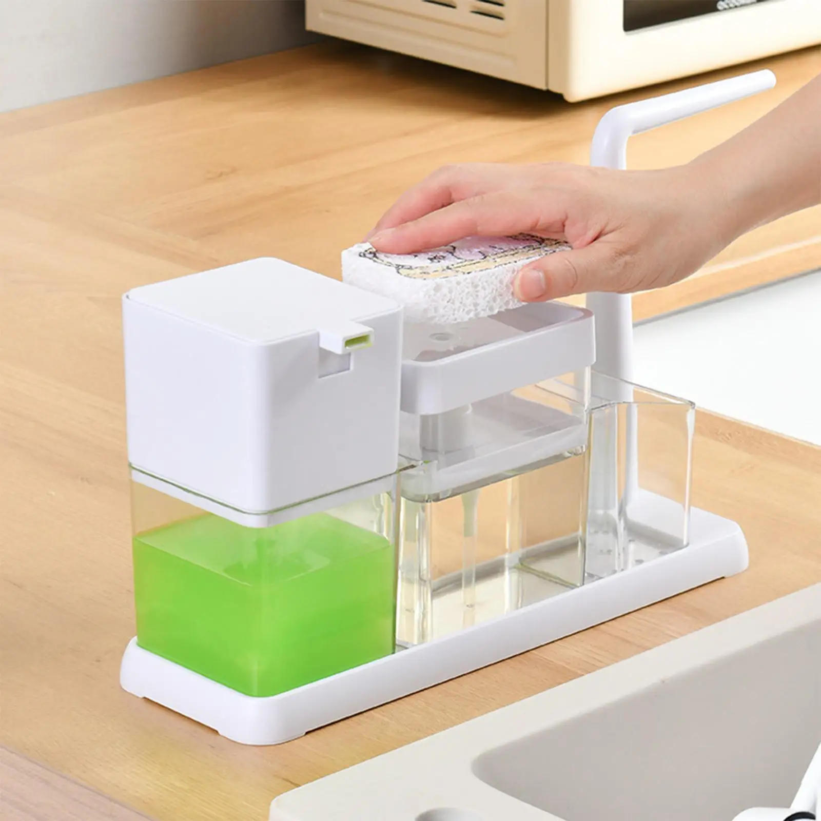 Dish Soap Dispenser Kitchen Gadgets Large Capacity Single Hand Bathroom Draining Tray with Sponge Holder Soap Pump Dispenser