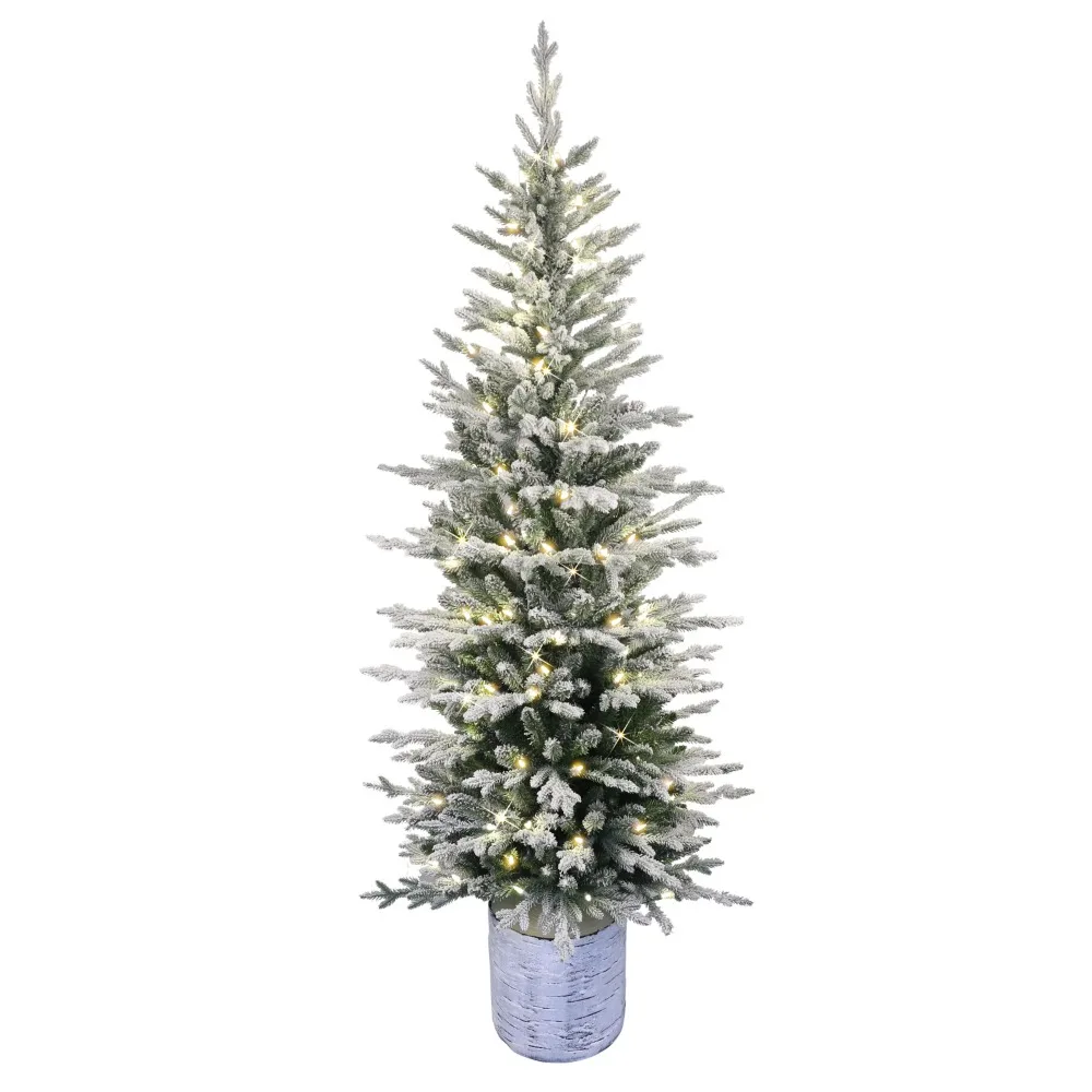 Chrismas Tree 7.5' Pre-Lit Potted Flocked Arctic Fir Pencil Artificial Christmas Tree With 230 Warm White LED Lights Home Decor