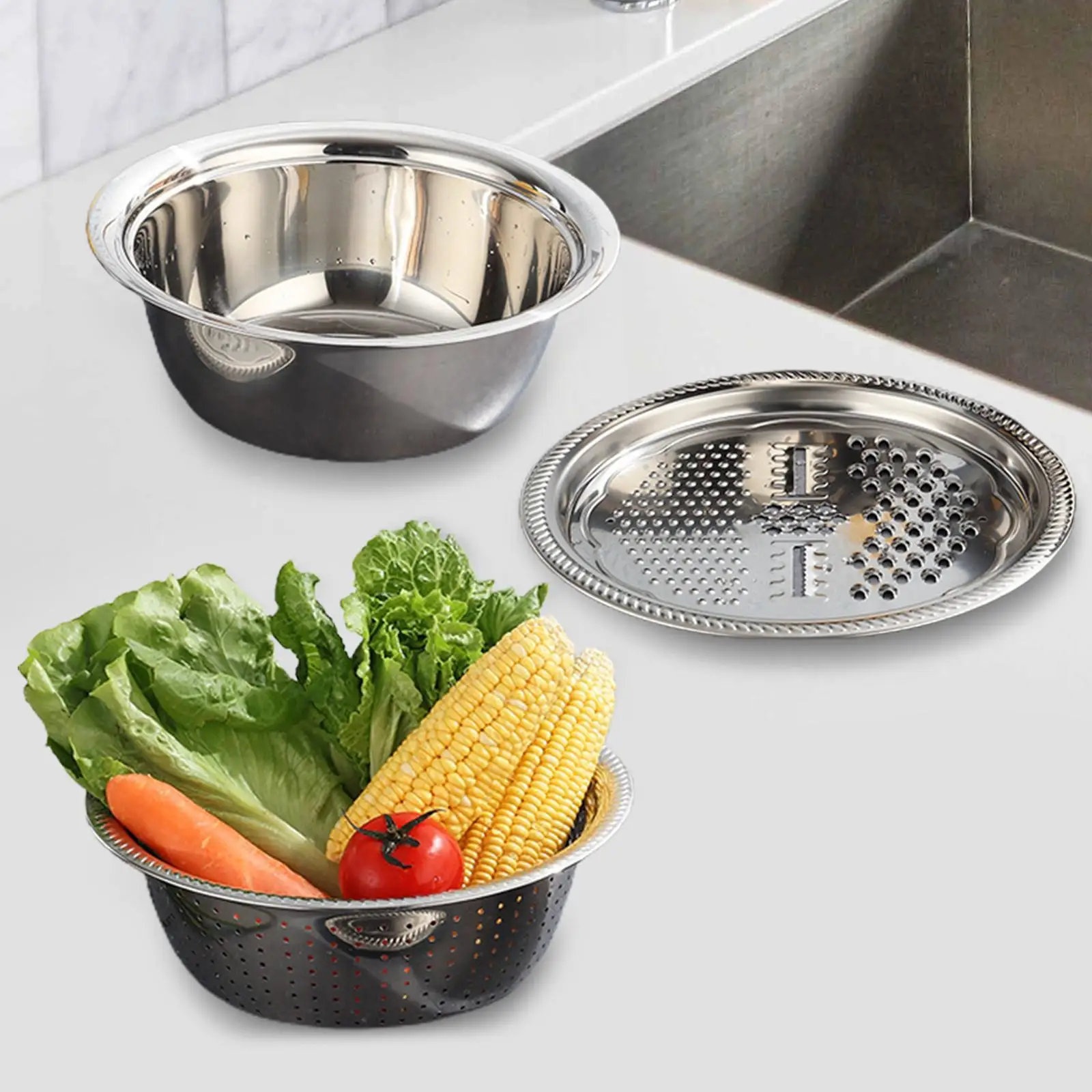 Stainless Steel Basin Kit Salad Bowl Portable Grater Strainer Kitchen 3 in 1