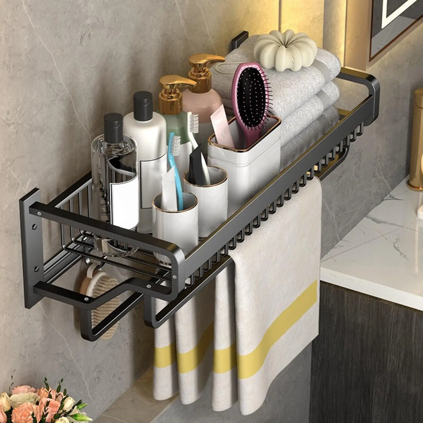 Towel Rail Rack Holder Bathroom with Towel Bar with Hook Shower Shelf for Hotel Bedroom