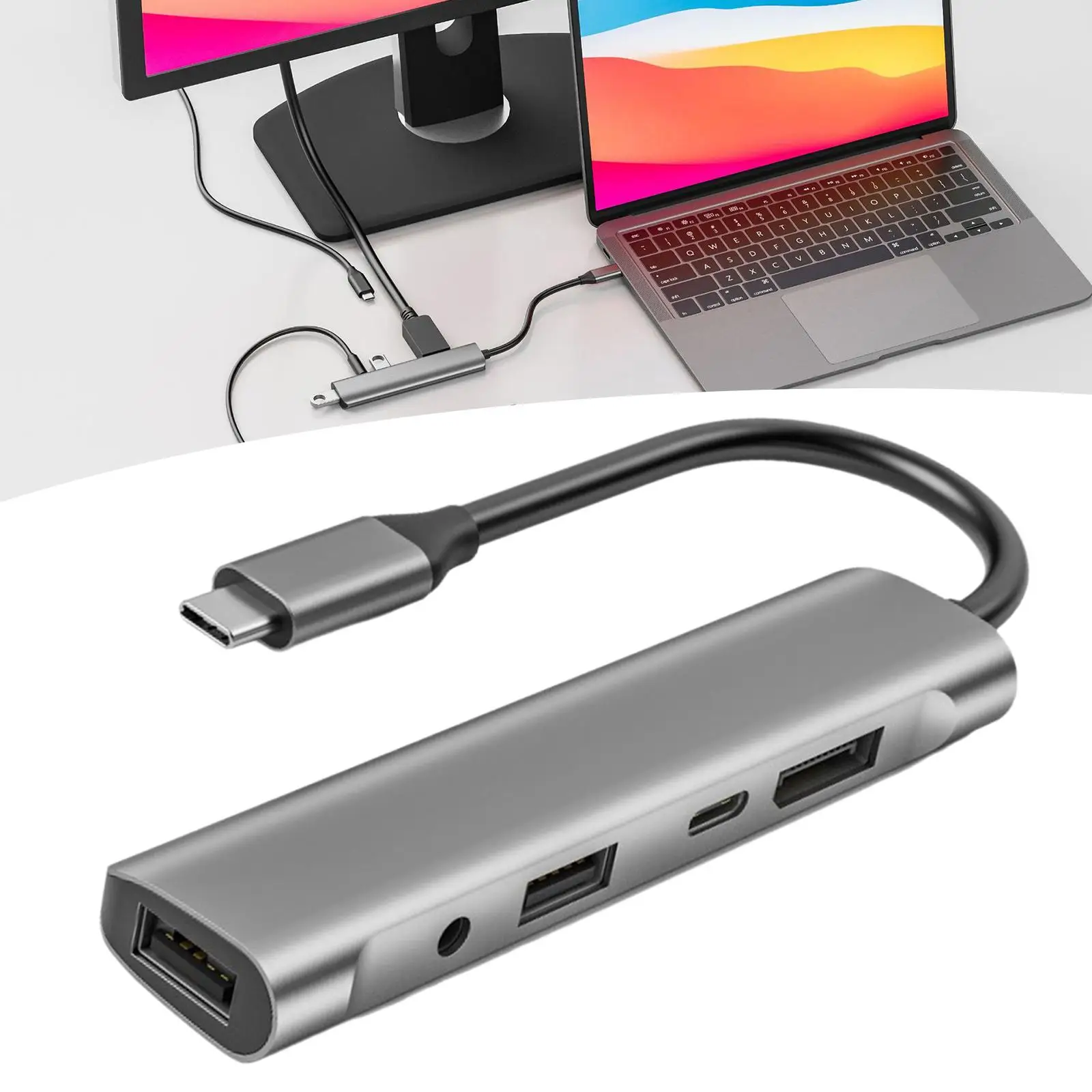 Portable 5 in 1 USB C Hub 480Mbps 60W PD Docking Station 4K@60Hz DisplayPort USB C to Display Adapter for Smartphones Microphone