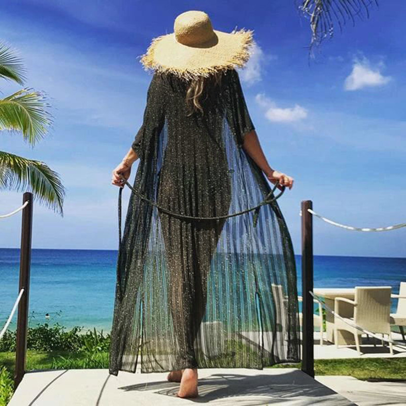 long beach dresses Summer Beach Cover Up Smocks Long Dress Women Semi Perspective Tie-Up Style Swimwear Covering Open Shit Beachwear Pool Seaside crochet bikini cover up