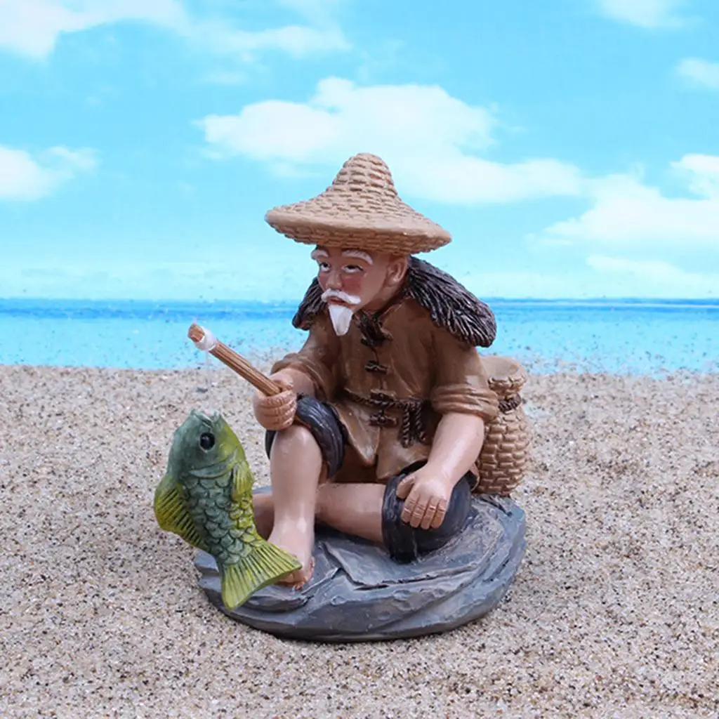 3X Cute Fisherman Figurines Garden Statue Pool Miniature Sculpture Porch Decor