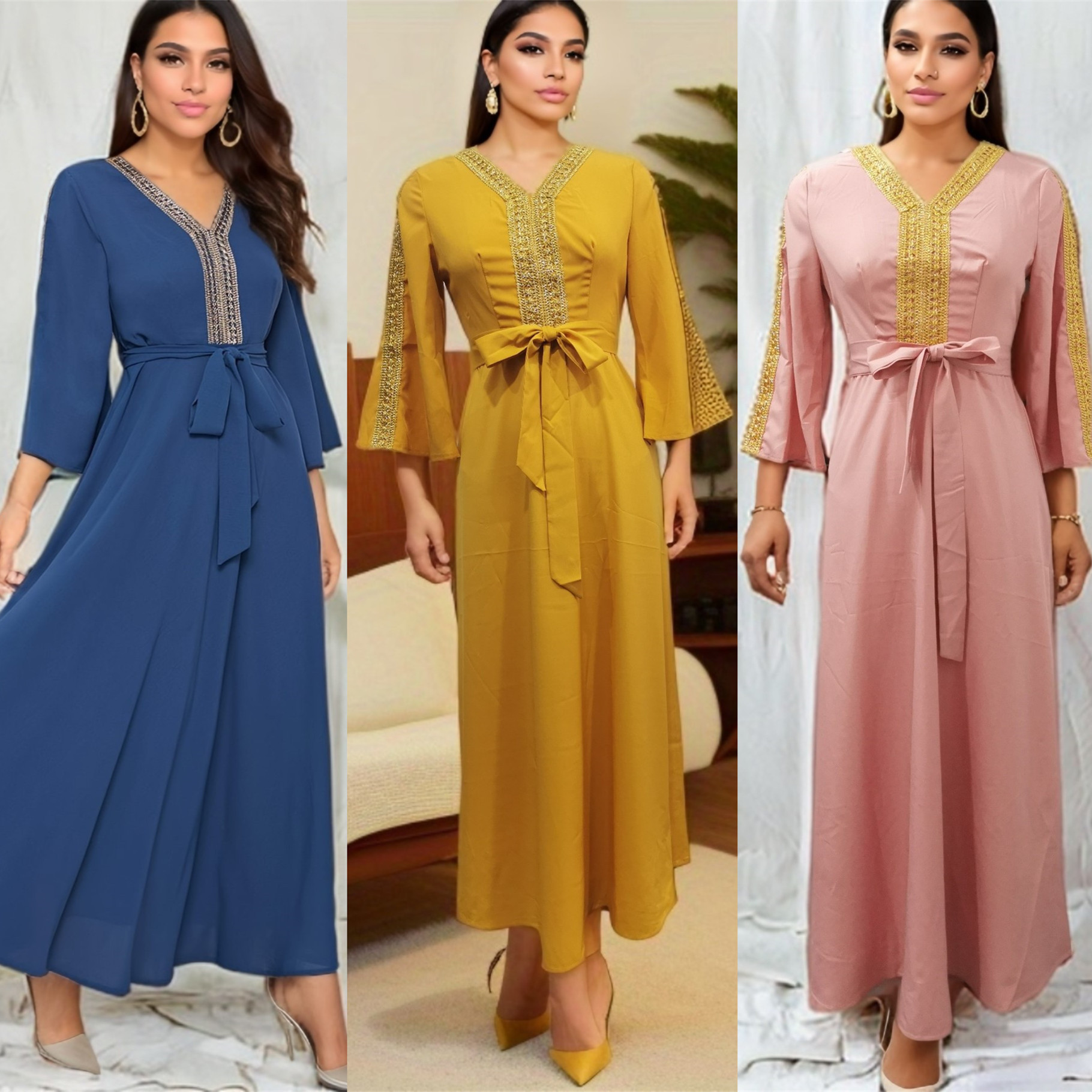 S100c0f6d17b3461ea6ada8b0a1b1bd599 es V Neck Flare Sleeve Gorgeous Belt Slim Fit Kaftan