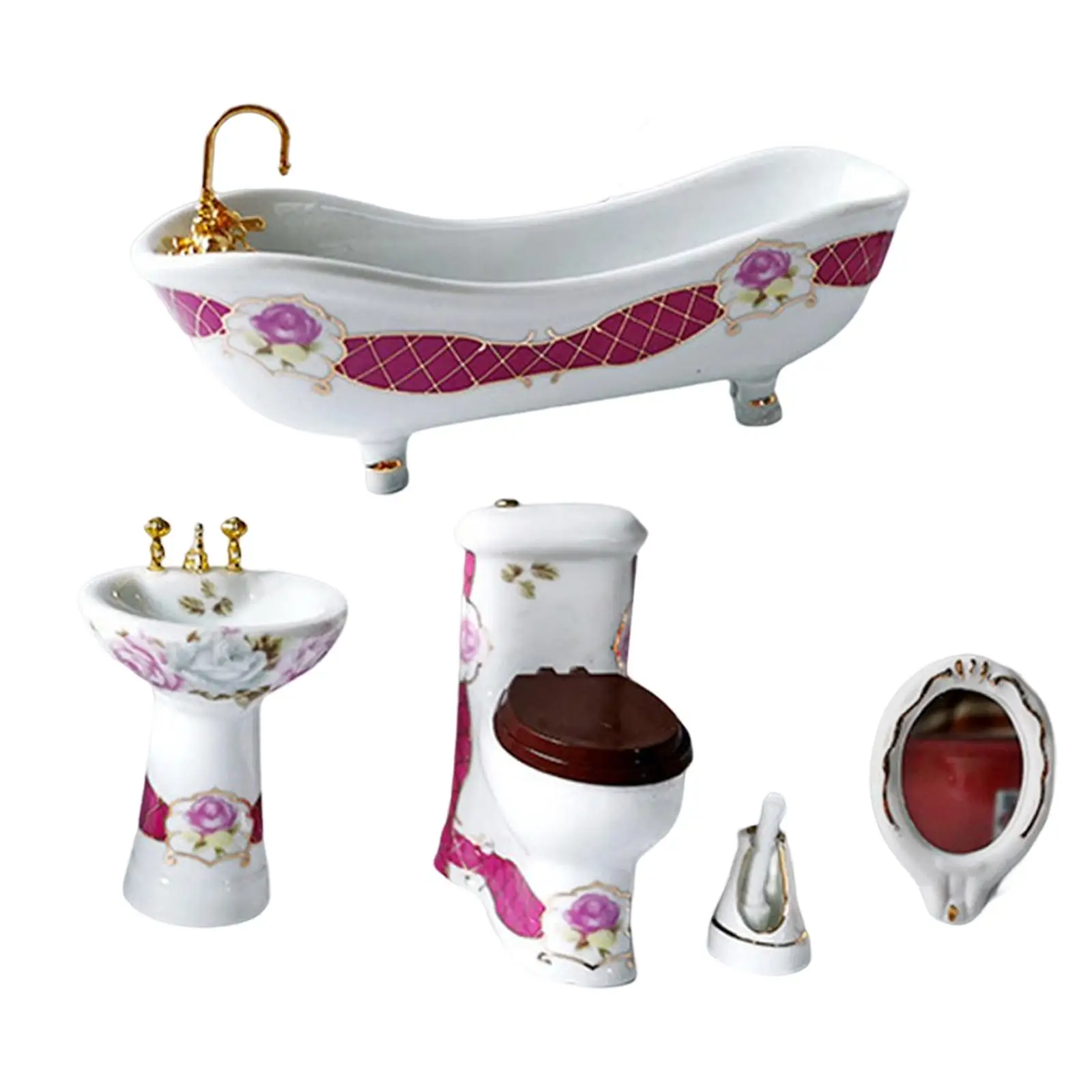5Pcs Miniature Bathroom Set Dollhouse Furniture Miniature Toy Mini Ceramic Toilet Miniature Washbasin for Restroom Decoration