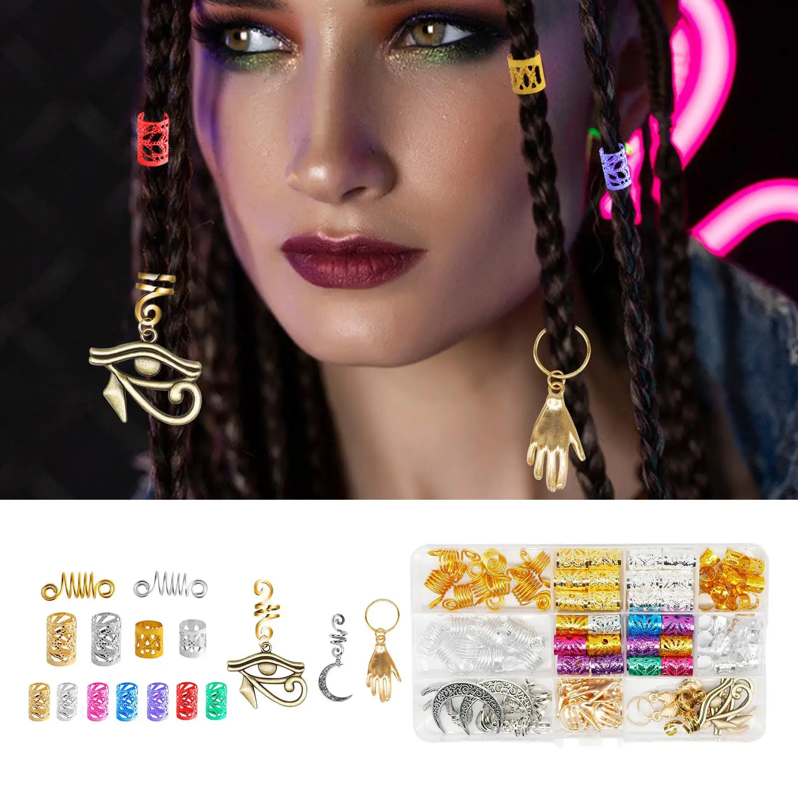 111Pcs Colors Mixed Hair Braid Cuff Clips Tubes Jewelry Decor W/Storage Box