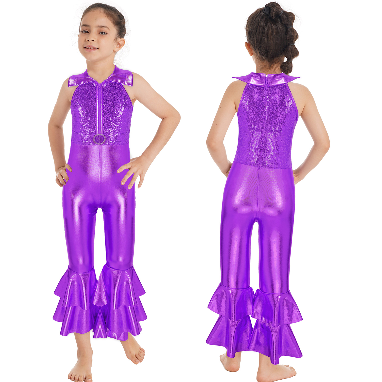 Kinder Mädchen Pailletten Ballett Gymnastik Trikot Vintage Party Hippie Kostüm Disco Diva Tanz Leistung Overall Glocken boden – Detail 11