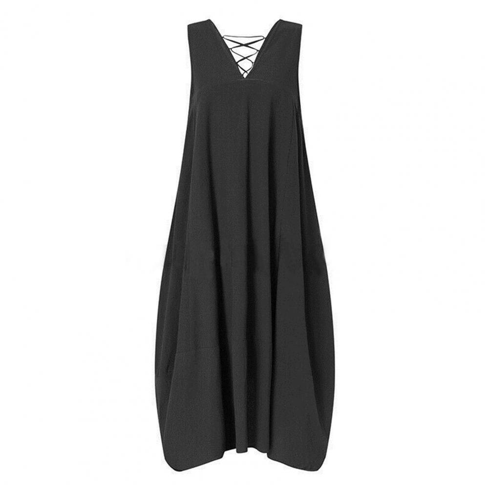 Hem Baggy Vestido V-Neck Sem Mangas Solto