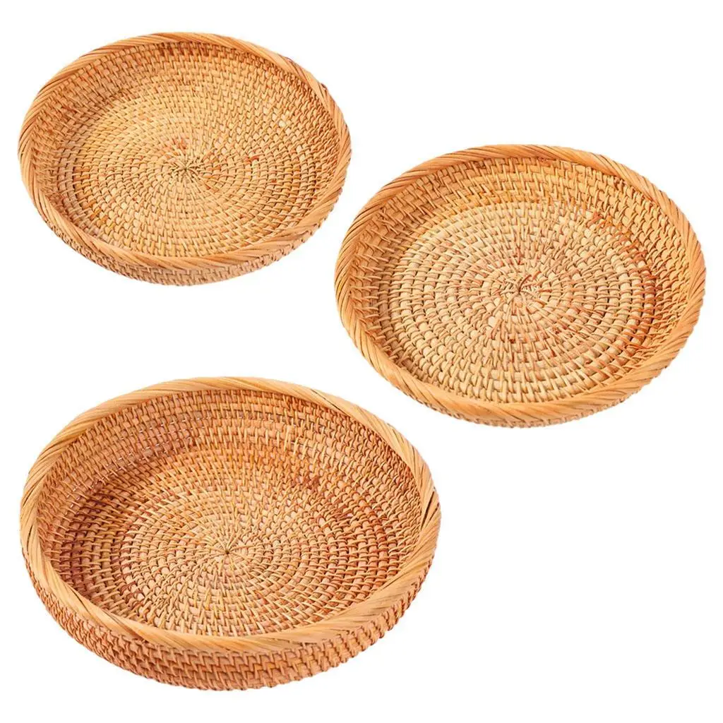 Wicker Hand-woven Round Snack, Vegetable Bread Basket Fruit Bowl Rattan Tray