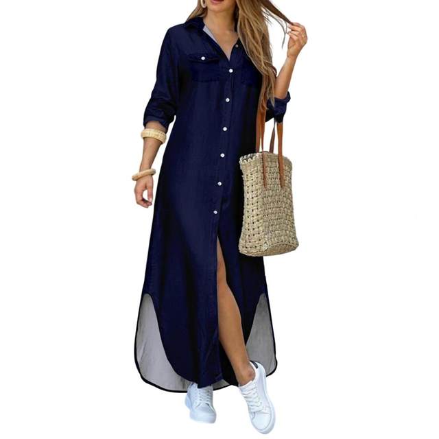 Elegant Women Button Down Long Shirt Dress Summer Women Print