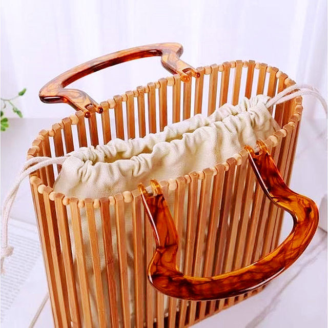 Womens Fashion Bamboo Bag with Acrylic Handle Bucket Bag Summer Beach hot Clutch Purse Handbags