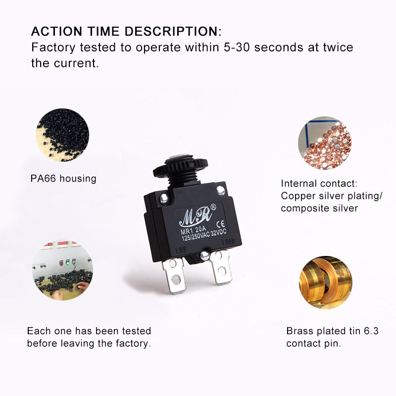 Description Picture 6 of item5Pcs Circuit Breaker Overload Protector Switch Fuse 3A 4A 5A 8A 10A 12A 15A 18A 20A 25A 30A Resettable 220V with Waterproof Cap