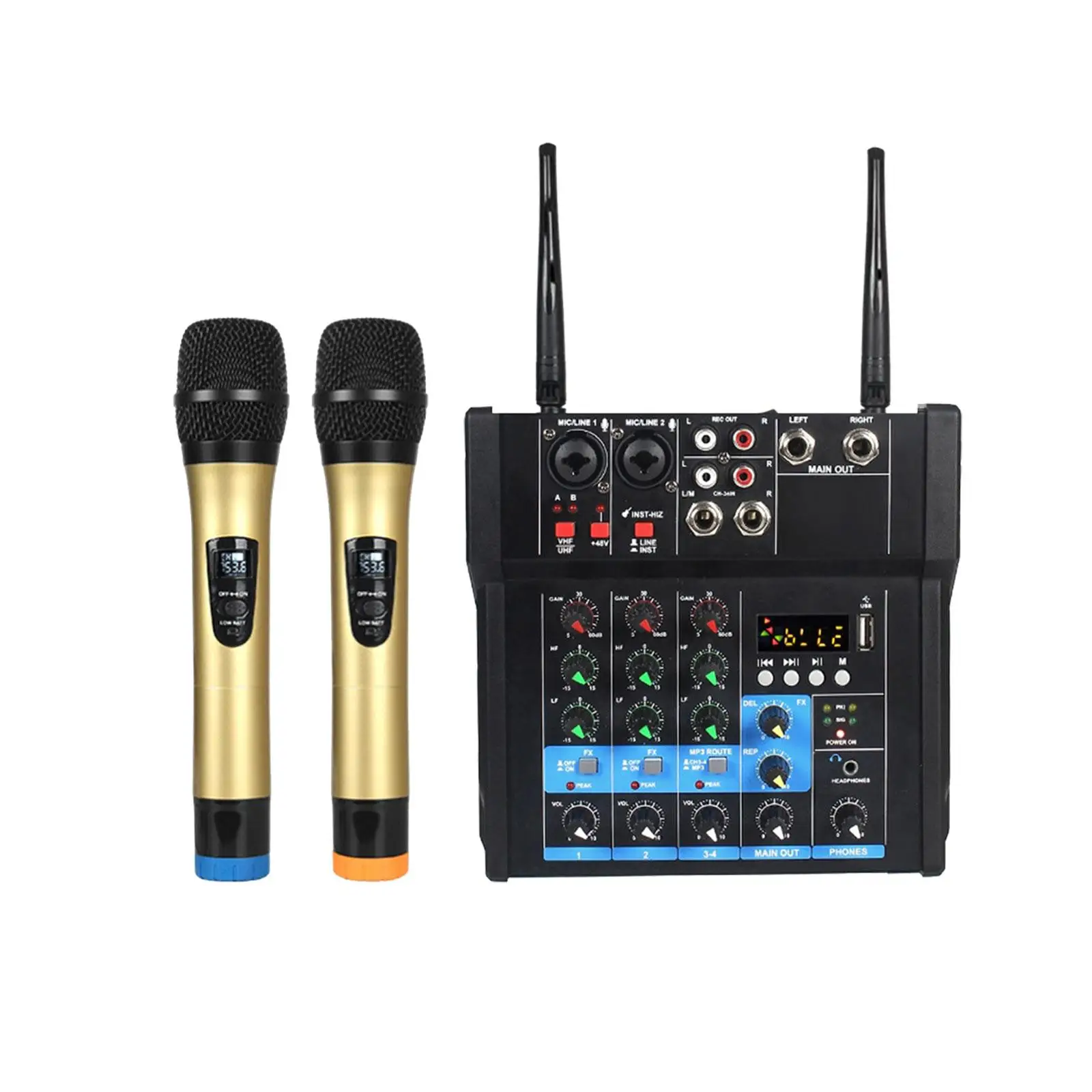 Audio Mixer with 2 Wireless Microphones USB 4 Channel Sound Mixer for Studio Computer Recording Home Karaoke KTV Live Streaming