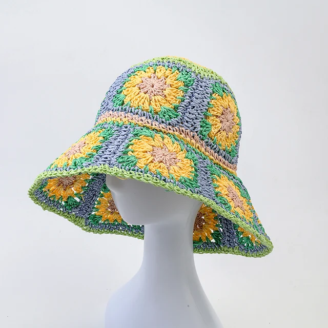 Japan Korea Crochet Sun Hat Women Summer Flowers Pure Hand Woven Straw  Beach Hat Sunshade Fisherman Caps Breathable Bucket Hat - AliExpress