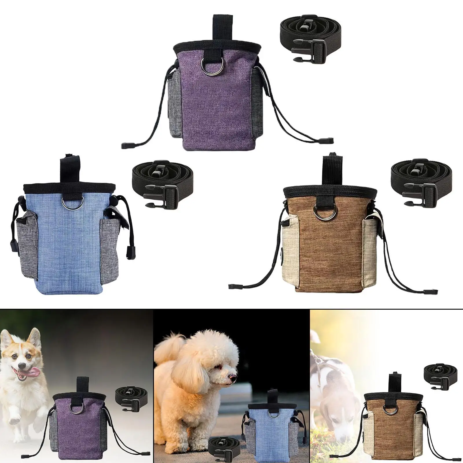 Treat Dog Pouch with Waist Shoulder Strap Poop Bag Dispenser Drawstring with Buckle Dog Training Bag for Travel Running Hiking