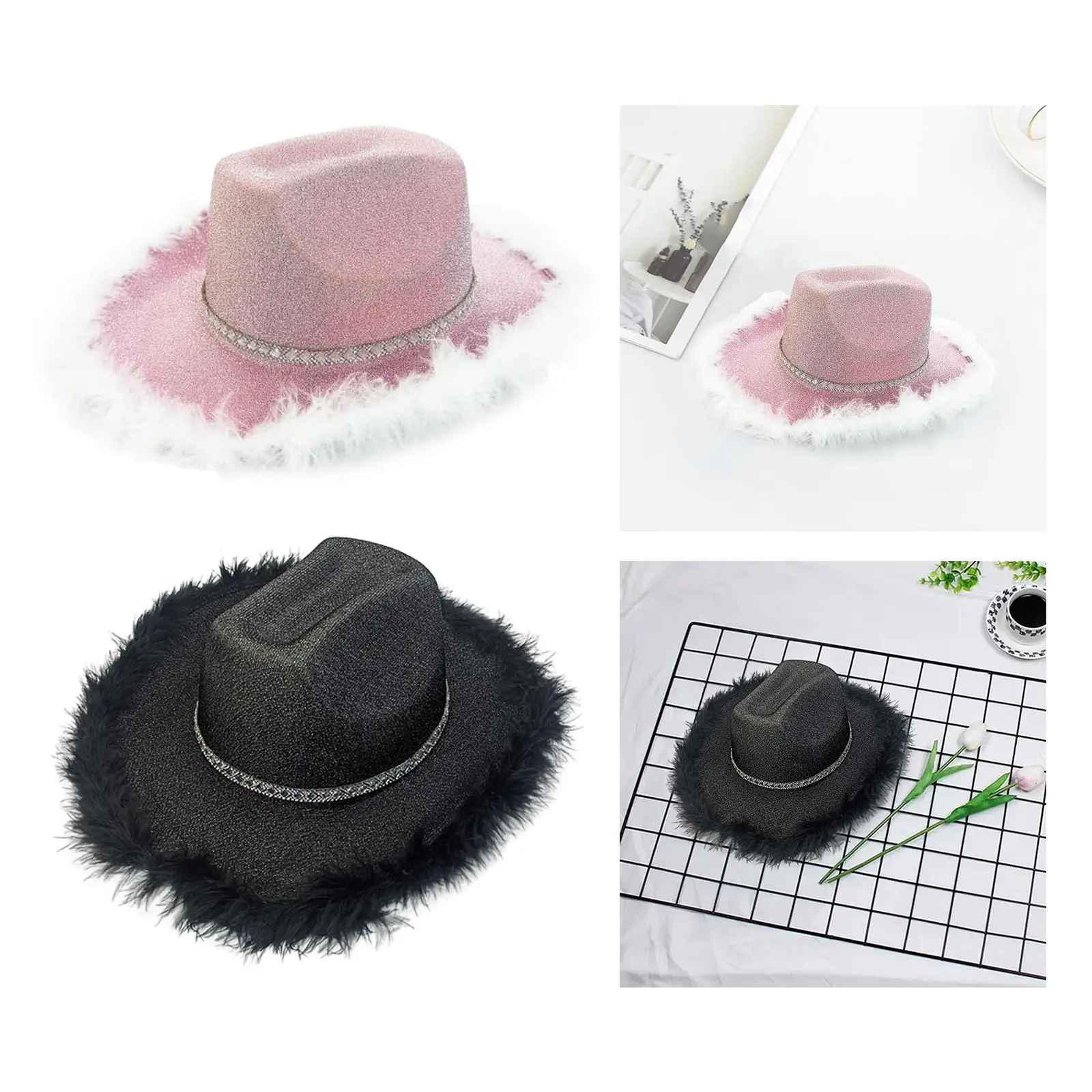 Cowboy Hat Fancy Dress Cowgirl Hat with Artificial Feather Trim for Adult