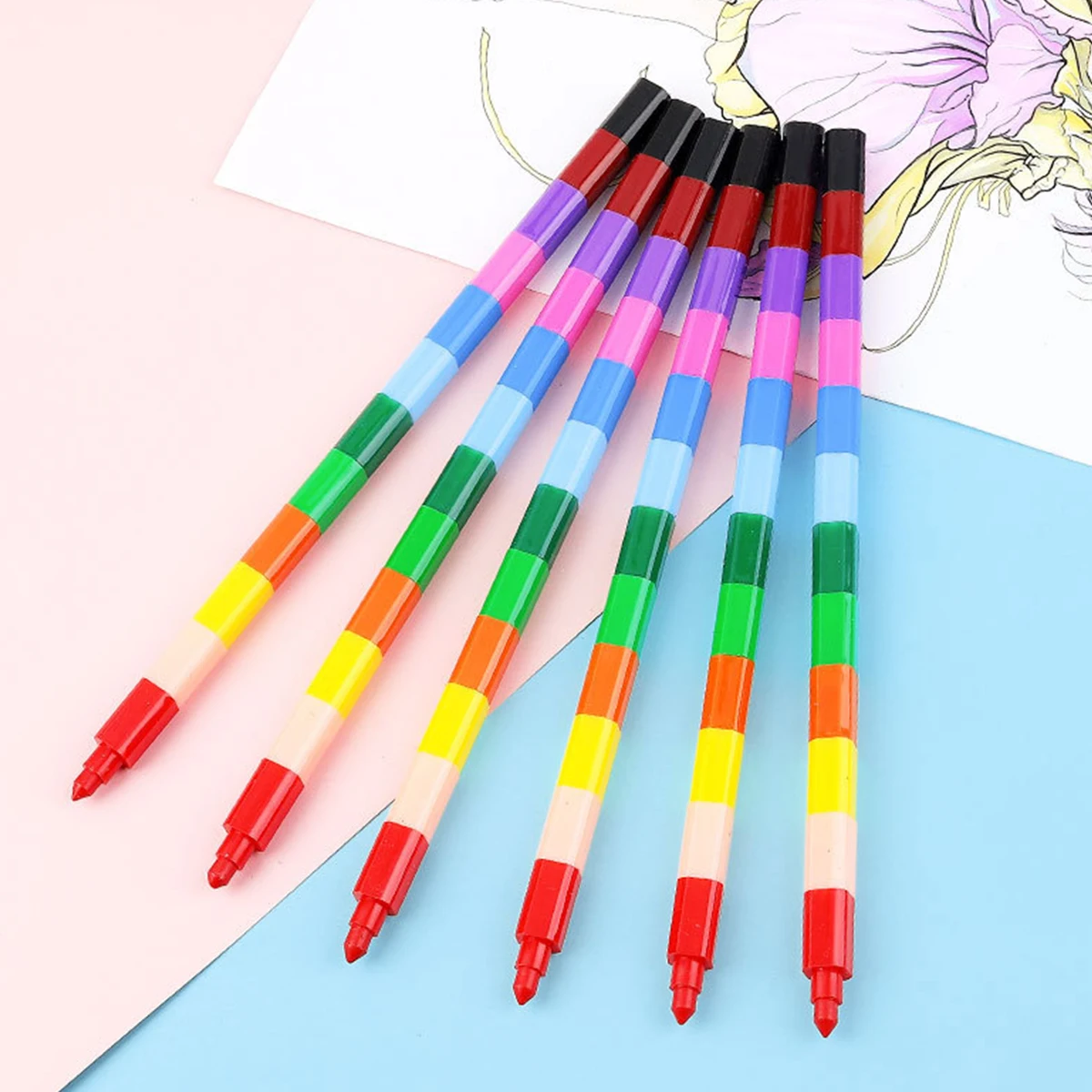 Conjunto Empilhável Rainbow Crayons, 12 Lápis Cores,