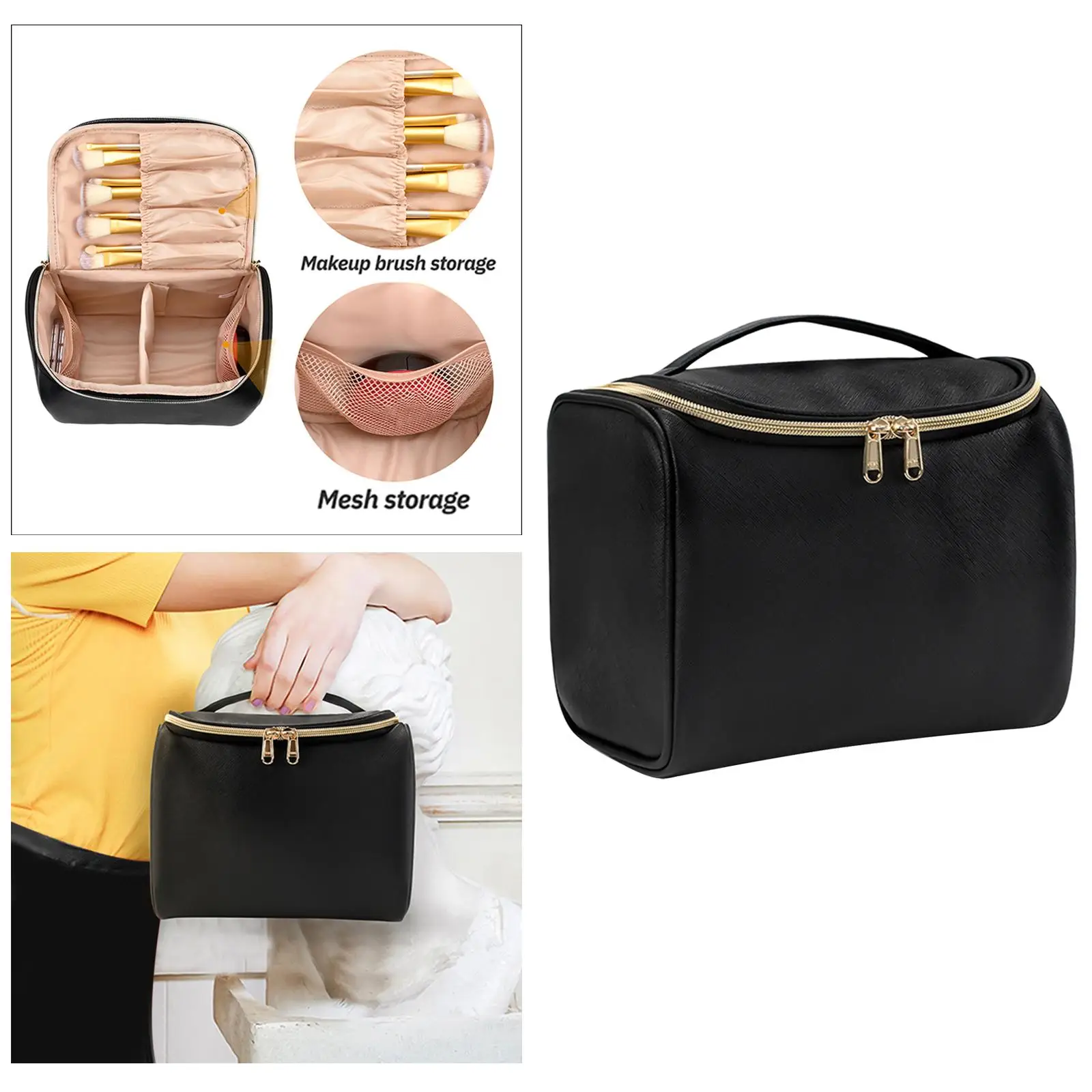 Black Toiletry Bag Cosmetic Travel Bag with Divider Daily Use , for Brushes, Tweezers for Toiletries Accessories Large Capacity