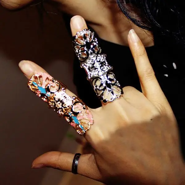 Punk Gothic Full Finger Hinged Long Ring Knuckle Armor Rings Hollow