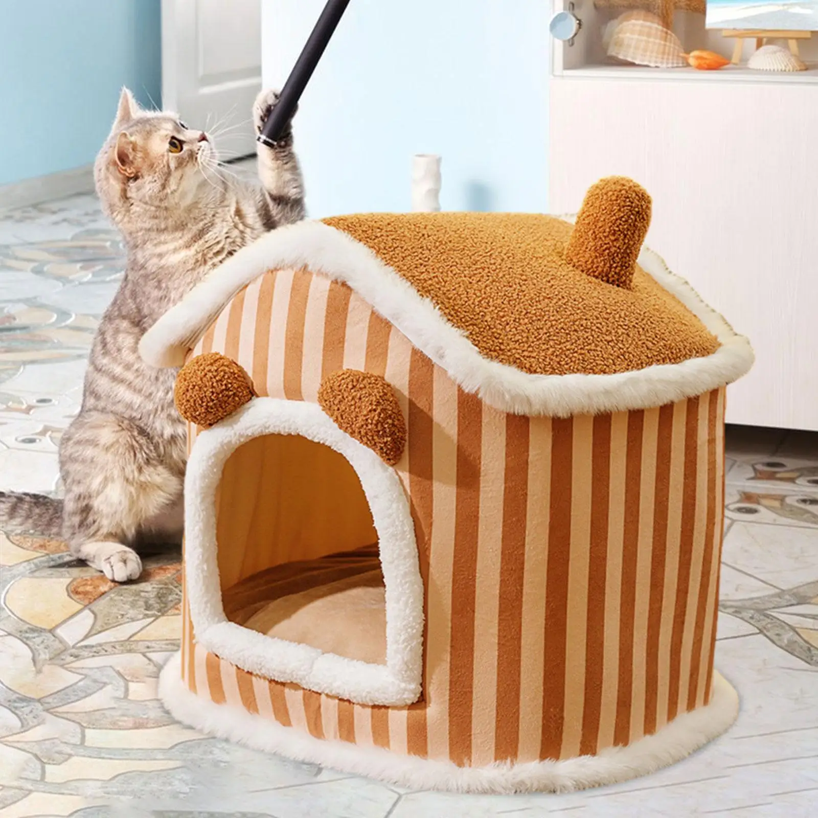Lovely Cat Bed House Warm Removable Pet Cushion Indoor Cats Soft Cats Tent Anti Slip Bottom Kitten Kitty Shelter Huts Pet Bed