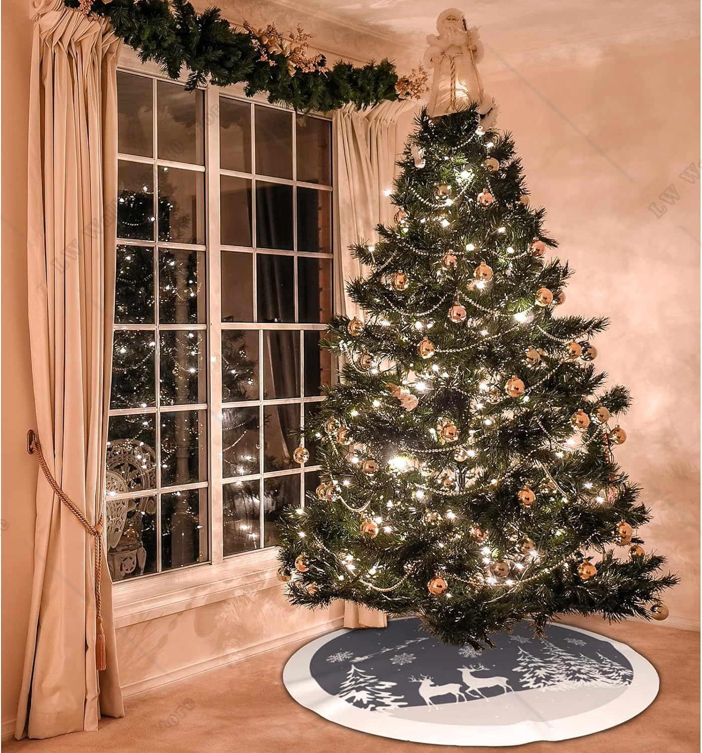 White Grey Christmas Tree Skirt with Cute Santa Claus Reindeer Snowflake Xmas Ornaments Mat for Indoor Holiday Party Decoration