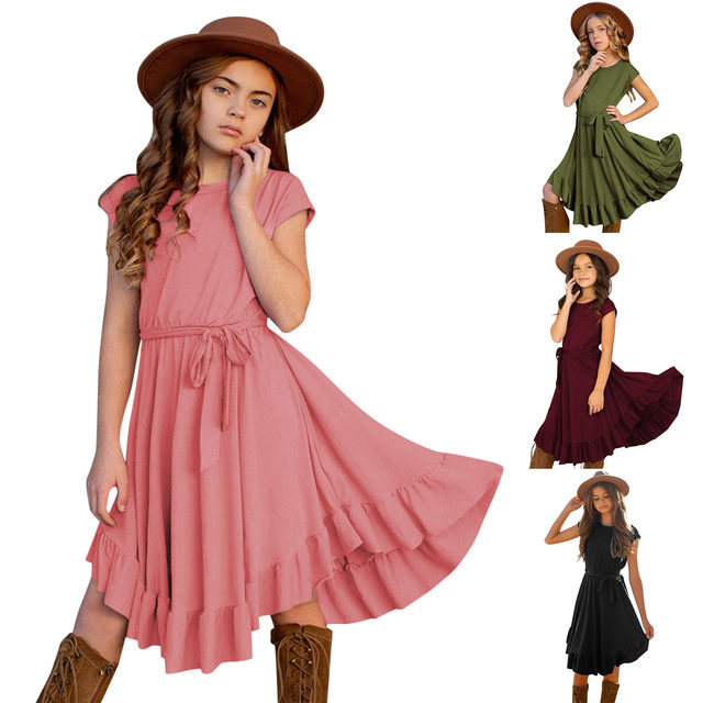 hahuha Vestido infantil para meninas de 5 anos Rockabilly sólido curto para  festa retrô roupas vintage manga swing 7-12 anos 