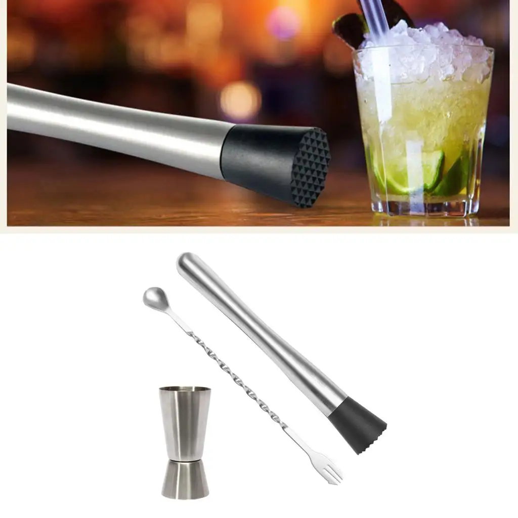 3Pcs Cocktail   Steel Cocktail Shaker tender, with All Bar Accessories, Jigger, Bar Spoon,Cocktail Muddler