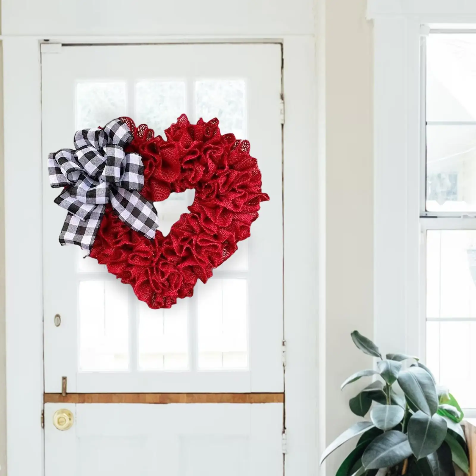 Red Heart Shaped Wreath 5.7in Plaid Bowknot Front Door Artificial Garland for Home Farmhouse Decoration