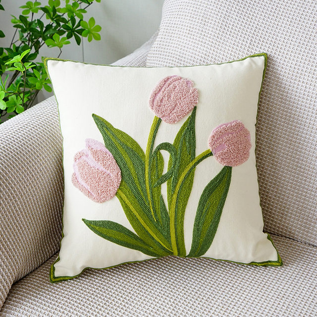 Floral Embroidered Cushion Cover Without Filler, Green Soft