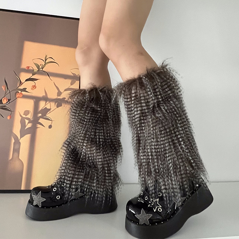 Y2K Goth Furry Faux Fur Women Leg Warmers Boot Covers Harajuku Lolita Girls Punk Fashion Cute Jk Hipster Warm Fluffies Leggings