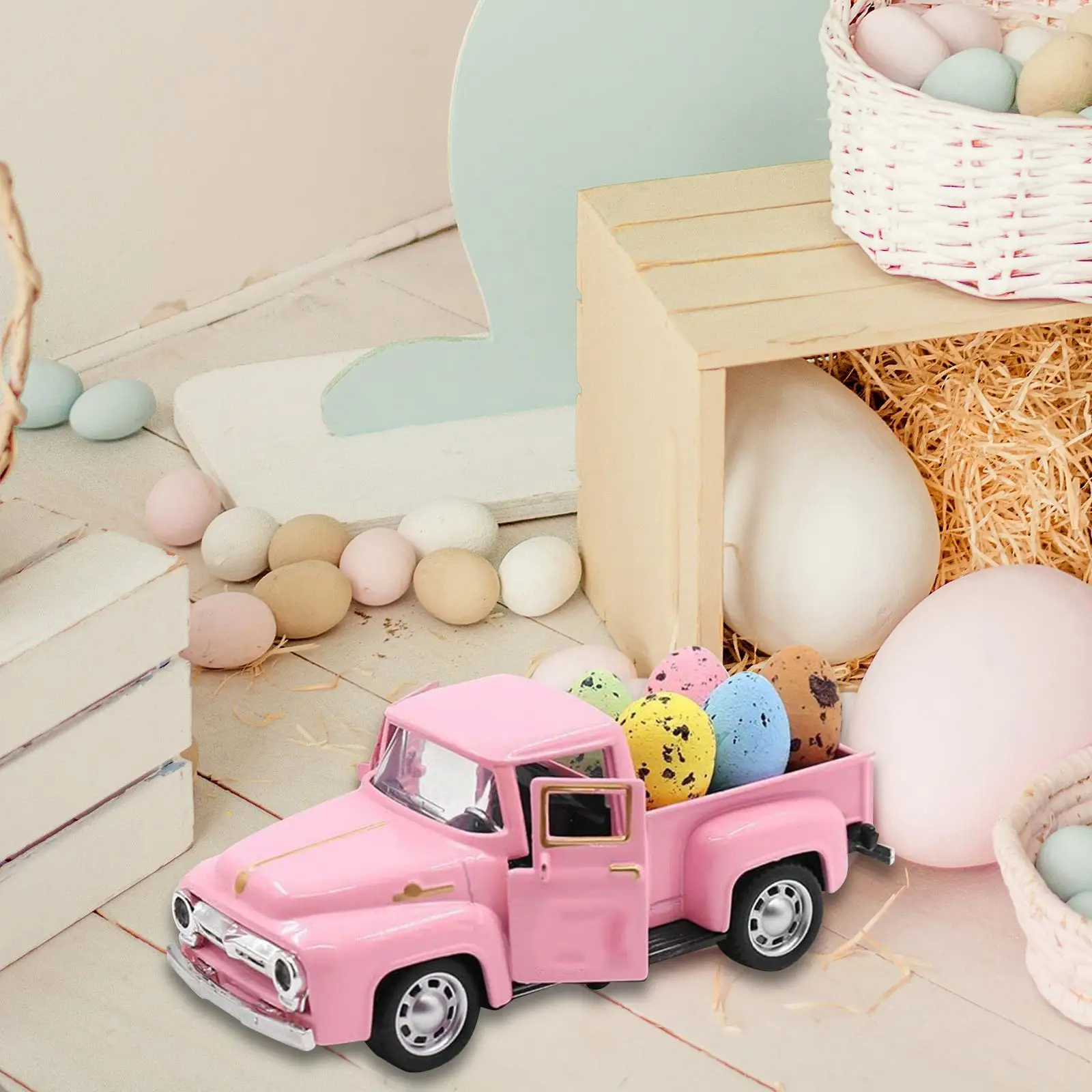 Pink Easter Car with 5 Eggs Decor Colored Sturdy Props Vintage Holiday Portable for Party Spring Summer Window Home Outdoor