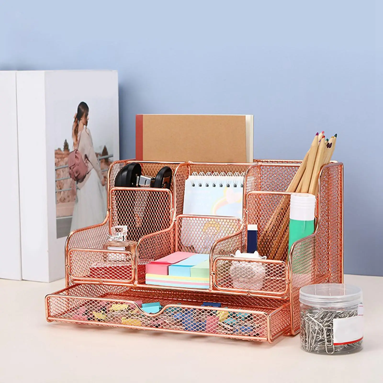 Multi Functional Mesh Desk Organizer, Pencil Holder Sticky Notes Mesh Office Organization Storage Caddy for School Office Home