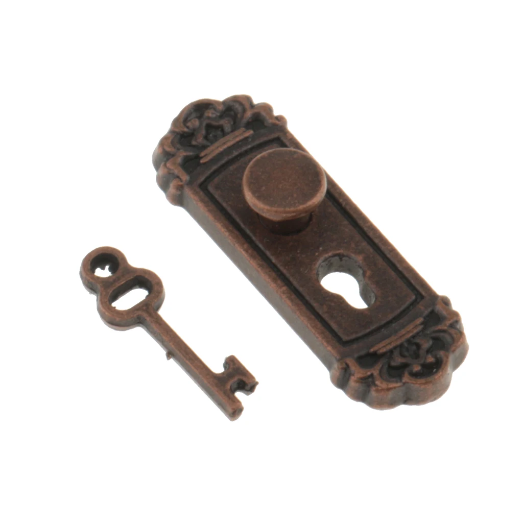 12th Scale Metal Door Handle Knob Plate And 2 Piece Miniature Dollhouse Key Set
