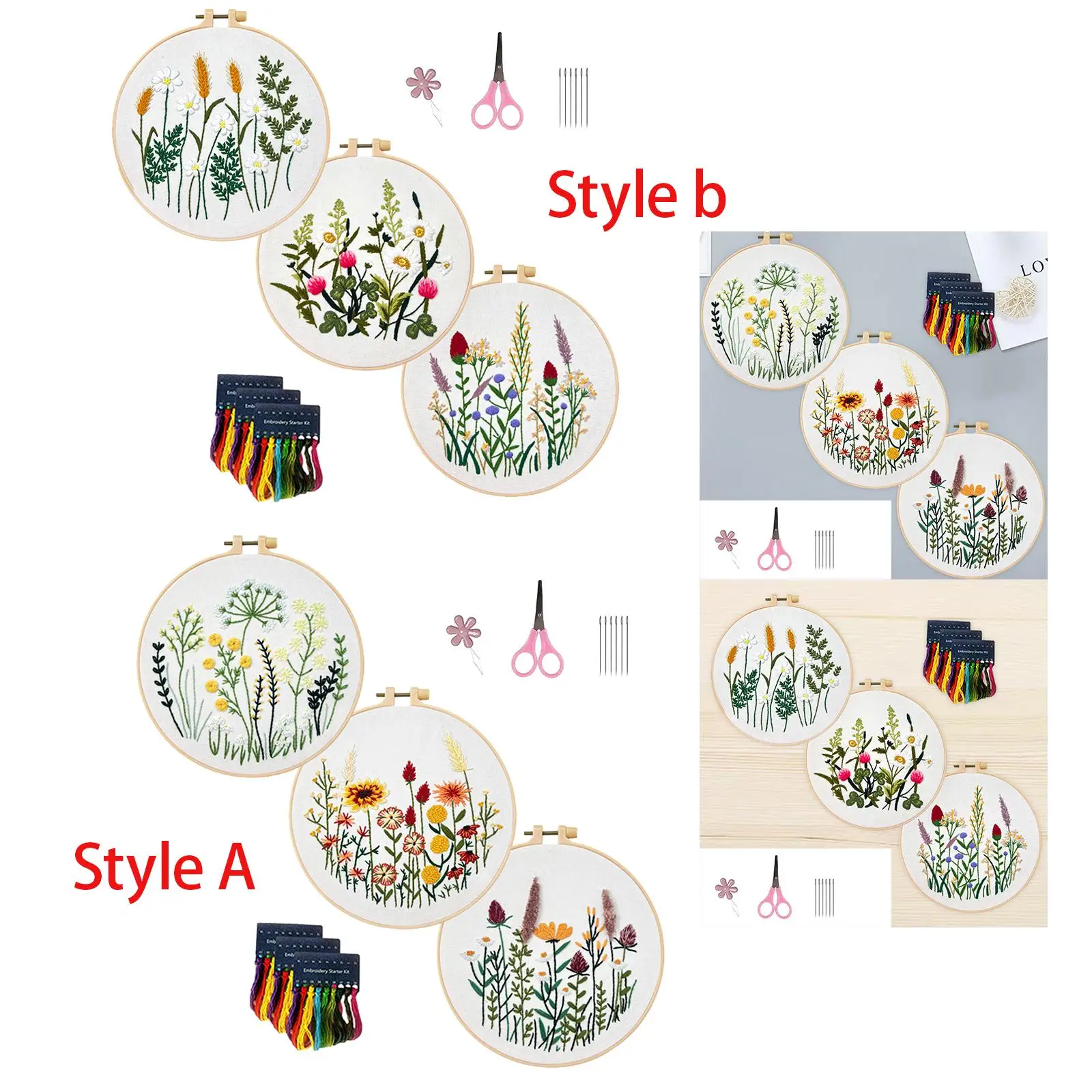 3x Beginner Embroidery Set Embroidery Hoops Coloured Threads Plants Pattern for DIY Art Handcraft Enthusiast Hobbyists Adults