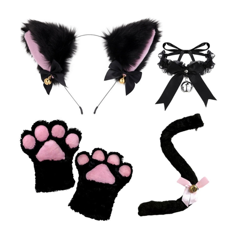 Katzenkostüm-Set, Katzenohren, Stirnband, Schwanz, Glöckchen, Spitze, Halsreif, Handschuhe für Kinder, Mädchen, Jungen, Cosplay – Detail 4