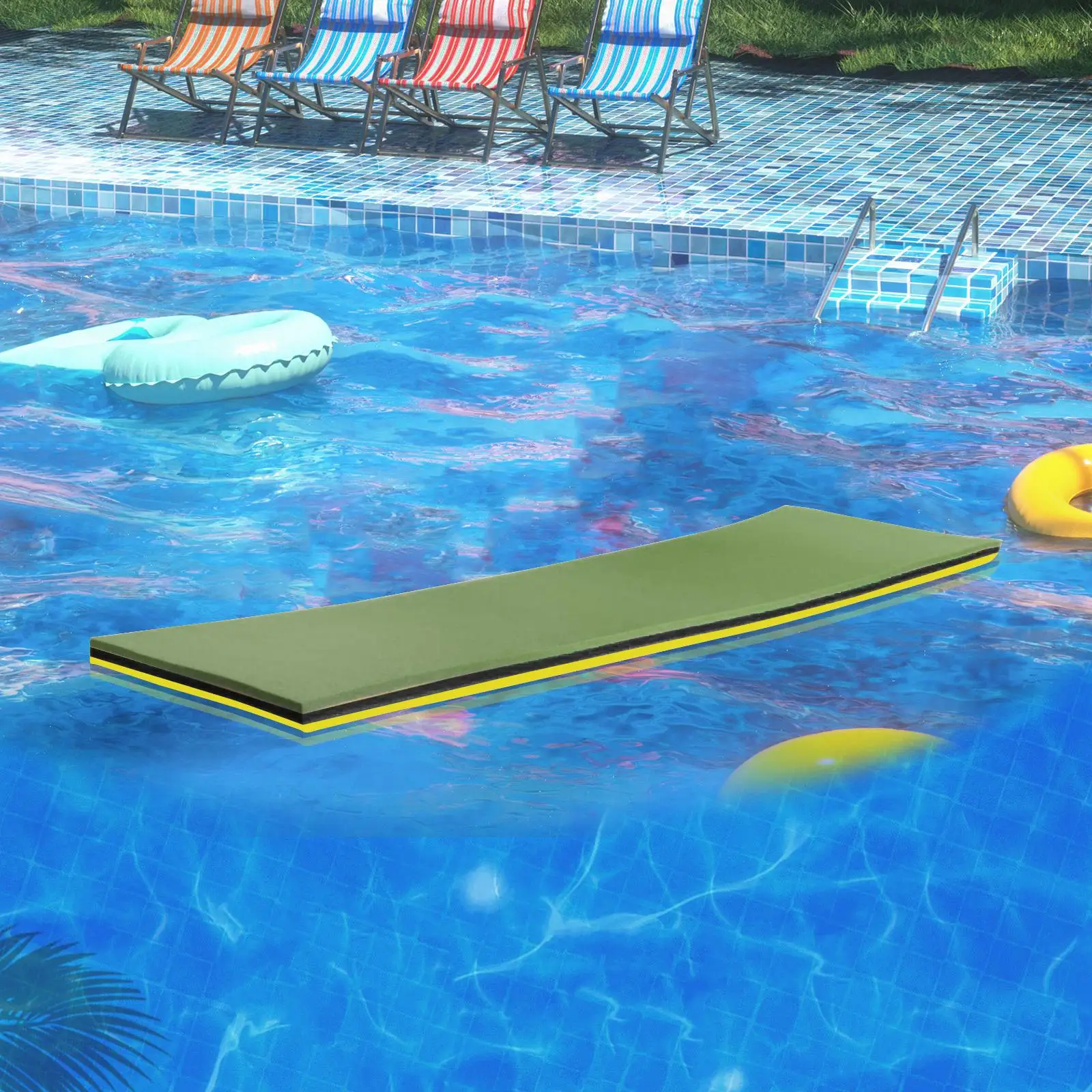 Pool Floating Water Mat Water Raft 43x15.7x1.3inch for Kids, Teens Durable Lightweight Roll up Pad Yellow Black Green