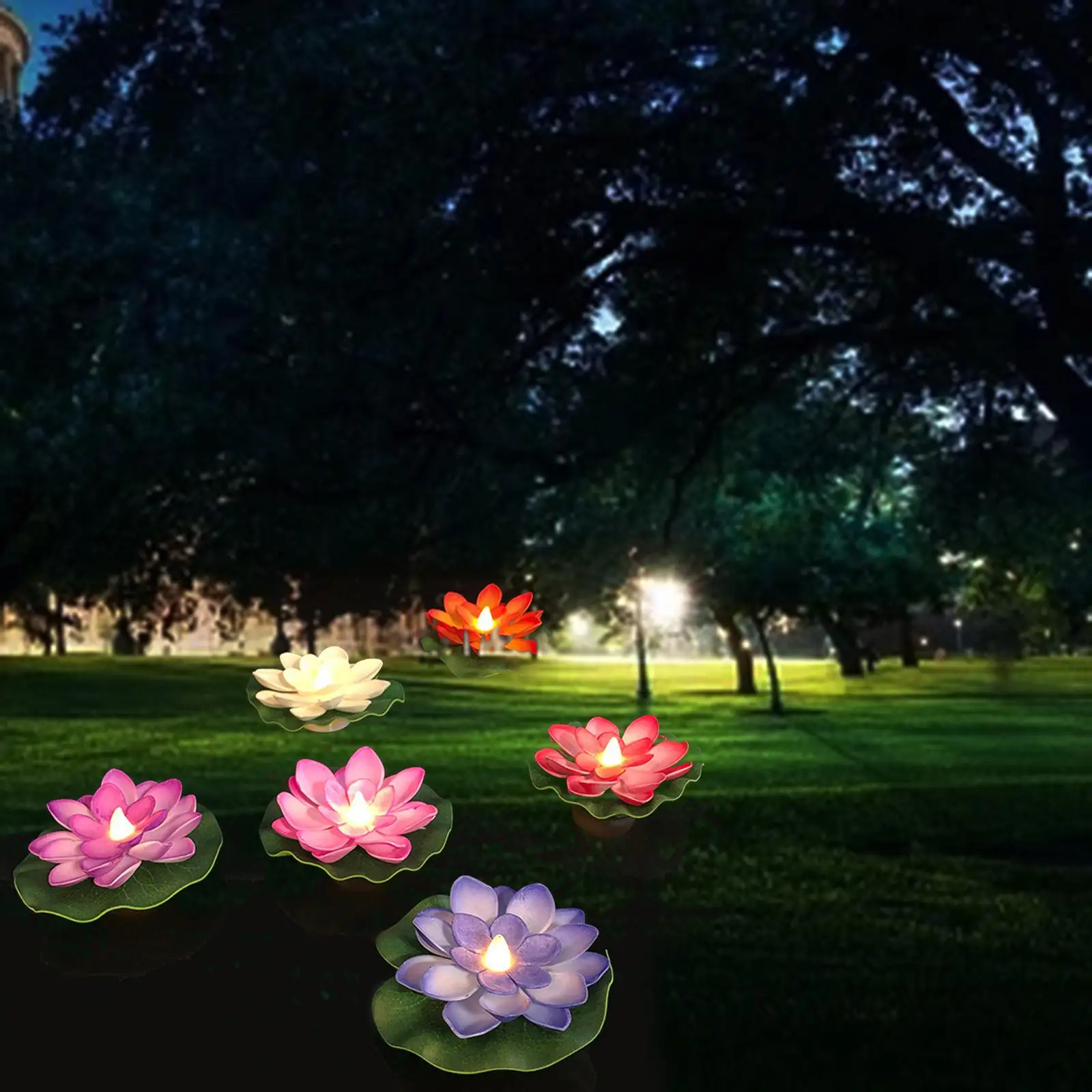 6Pcs LED Floating Lotus Lamp Realistic Night Light Wishing Pond Lights Garden Pool Lamp for Outdoor Pond Yard Decoration