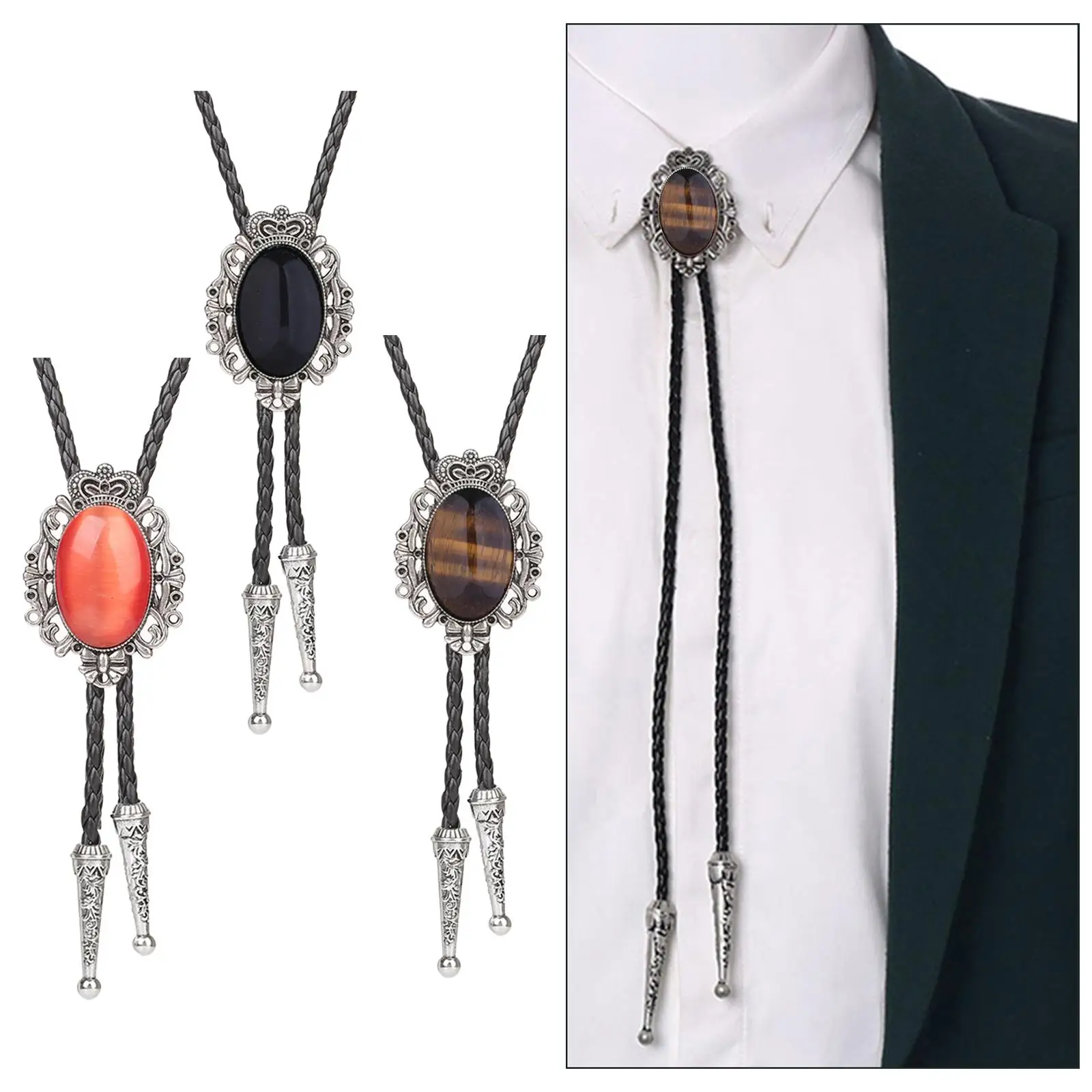  Bolo Tie, Necktie Oval Costume Gift Western  Alloy Adjustable Vintage Rodeo Necklace for Party Christmas Men and Women