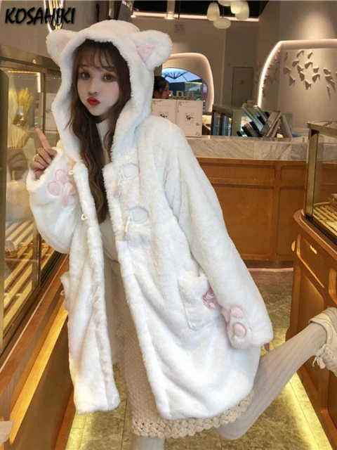 KOSAHIKI Jacket Women Lolita Fleece-lined Girl Soft Kawaii Cat Ear Hat Cute  White Coat Japanese Harajuku Preppy Faux Fur Jackets