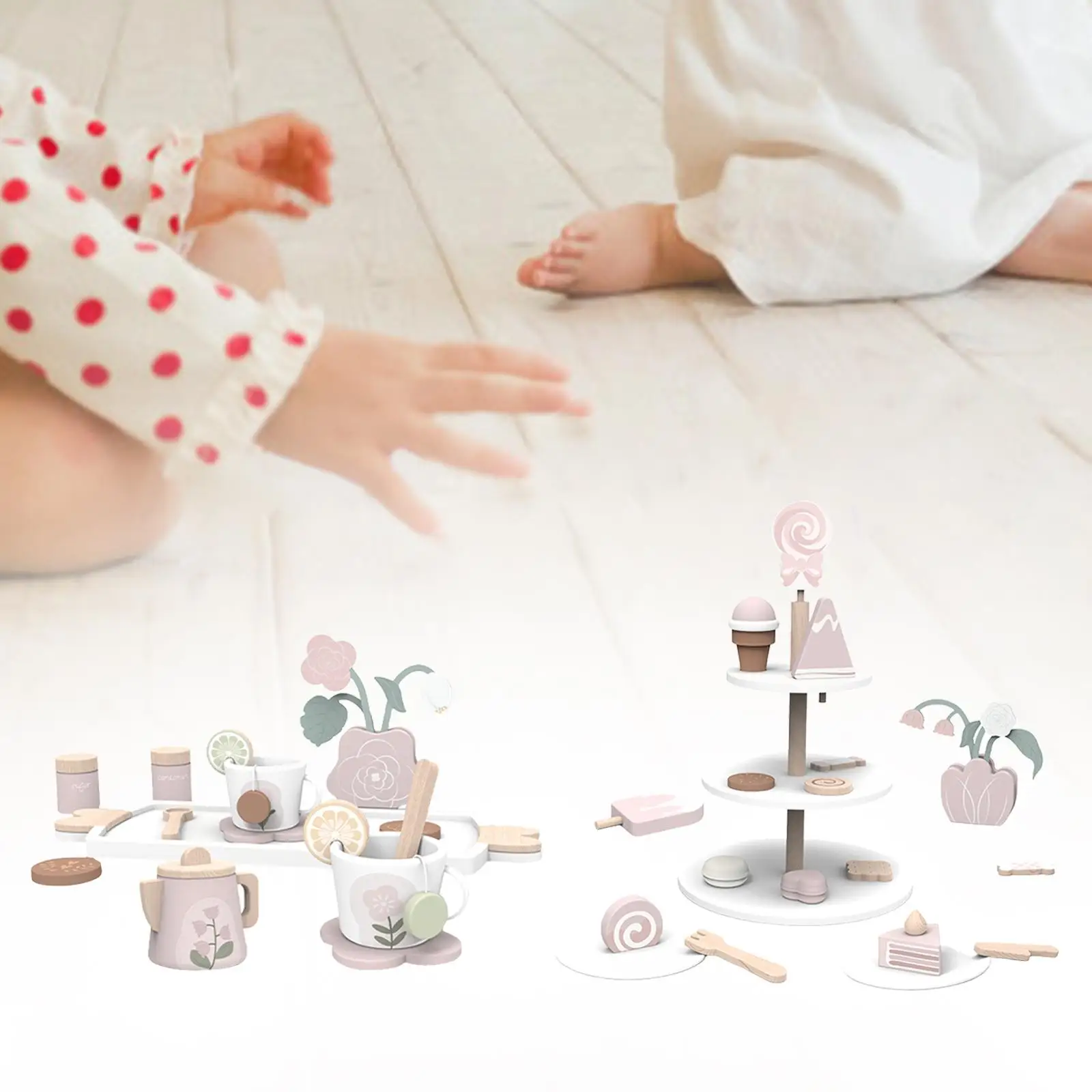 Wooden Cake Stand and Cakes Toy with Accessories Pretend Play Kitchen Playset Wooden Toys Cake for Kids Tea Party Boy Girl Kids