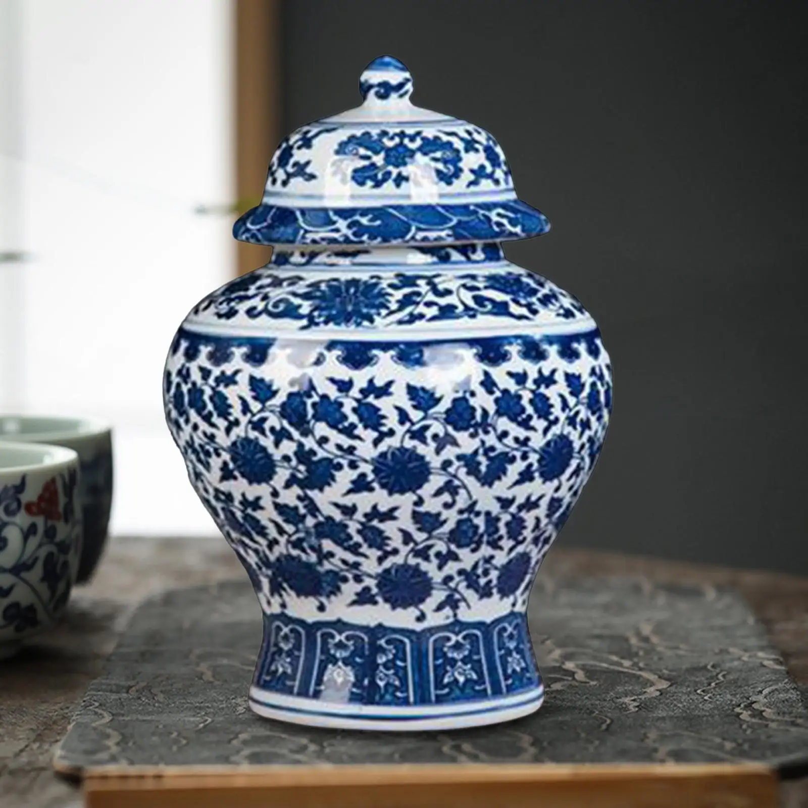 Blue and White Porcelain Temple Jar Vase Ceramic Ginger Jar for Porch Shelf