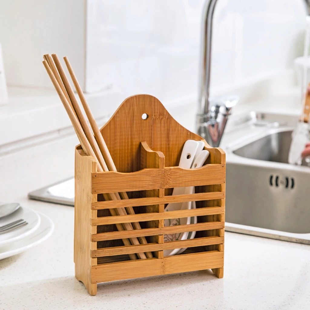 Home Bamboo Chopstick Basket Skewers Holder Double Row Hanging Cage,Tableware Dinner Service Organizer Utensil Drying Rack