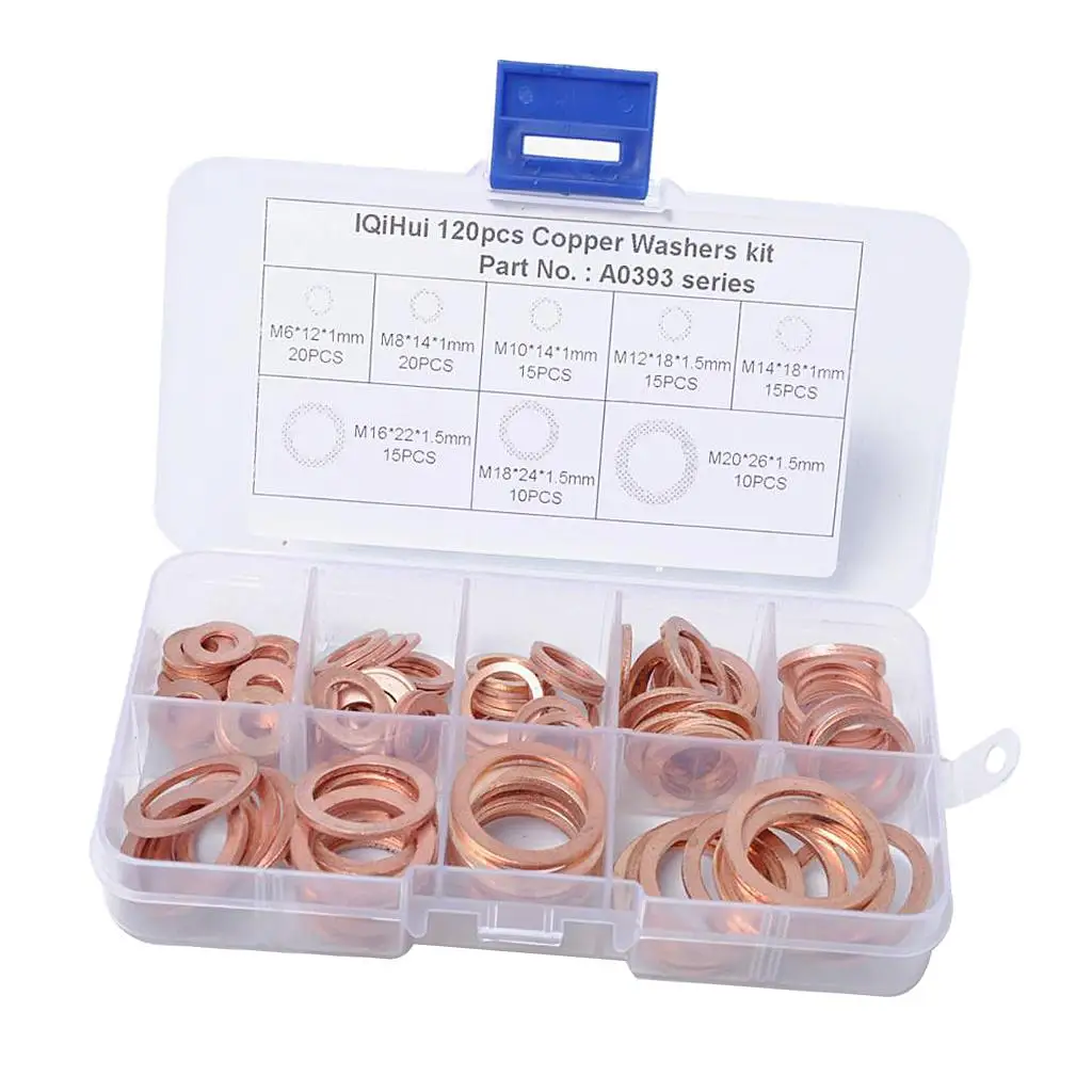 120 Pack of Copper Washers Engine Seal Flat  Gasket Fastener Metric Sealing Spacer Assortment Set - 8 Sizes